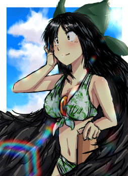 1girl absurdres bikini black_hair black_wings blue_sky bow breasts cleavage cloud cloudy_sky commentary day feathered_wings front-tie_bikini_top front-tie_top green_bikini green_bow hair_bow highres holding kasuokasuto lens_flare long_hair looking_to_the_side navel outdoors reiuji_utsuho sky smile swimsuit touhou wings