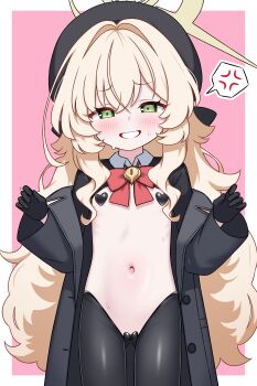 1girl absurdres anger_vein black_gloves black_hiphighs blonde_hair blue_archive blush coat gloves green_eyes halo heart_maebari heart_pasties highres hiphighs loli long_hair looking_at_viewer maebari navel pasties professor_niyaniya_(blue_archive) reverse_bunnysuit reverse_outfit simple_background solo spoken_anger_vein zing_(z_z_zing)