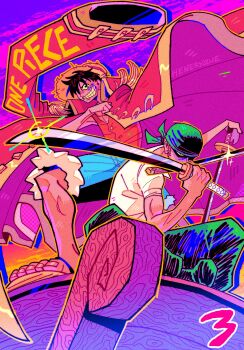 2boys absurdres artist_name bandana black_hair blue_shorts coat comic_cover_redraw commentary copyright_name derivative_work english_commentary epaulettes floating_clothes hat heneryque highres holding holding_sword holding_weapon male_focus monkey_d._luffy multiple_boys one_piece red_coat red_shirt roronoa_zoro sandals scar scar_on_face shirt shorts smile sparkle straw_hat sword weapon weapon_in_mouth white_shirt