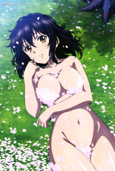 1girl absurdres black_hair blush breasts brown_eyes cherry_blossoms collarbone completely_nude convenient_censoring covering_breasts covering_crotch covering_privates from_above furukawa_hideki grass hair_between_eyes highres himeragi_yukina large_breasts legs looking_at_viewer lying megami_magazine navel nude official_art on_back parted_lips petal_censor petals scan solo strike_the_blood thighs topless_female tree tree_shade