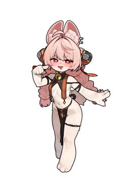 1girl absurdres animal_ears blush body_fur braid bright_pupils drooling flat_chest full_body furry furry_female heart heart-shaped_pupils highres loli long_hair looking_at_viewer navel pink_hair rabbit_ears rabbit_girl red_eyes saliva sangobob solo standing symbol-shaped_pupils twin_braids variant_set white_fur white_pupils zenless_zone_zero zhao_(zenless_zone_zero)