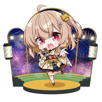 1girl :3 aerial_fireworks ahoge blonde_hair blush borrowed_character brown_hair chibi chibi_only chika_(06chimika13) colored_inner_hair commentary_request commission fireworks full_body holding holding_microphone long_sleeves looking_at_viewer microphone multicolored_hair open_mouth original outstretched_arm pink_eyes short_hair skeb_commission smile socks solo standing standing_on_one_leg two-tone_hair white_socks