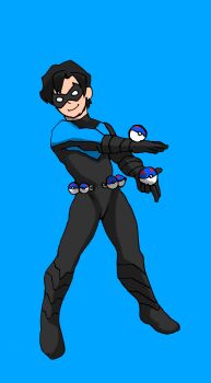 1boy batman_(series) black_hair bodysuit crossover dc_comics dick_grayson domino_mask eye_mask full_body highres male_focus mask nightwing nintendo poke_ball pokemon simple_background sketch smile solo