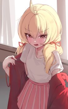 1girl blonde_hair blue_archive blush jacket looking_at_viewer pink_skirt red_jacket shirt skirt solo t-shirt twintails twitter window ximgyeon yoshimi_(band)_(blue_archive) yoshimi_(blue_archive)