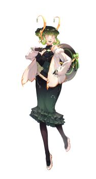 1girl absurdres bag belt black_dress black_pantyhose breasts cleavage cleavage_cutout clothing_cutout clover_vonclaire colored_eyelashes dress full_body gradient_clothes gradient_dress green_dress green_hair hair_bun headpiece highres idoloid jacket long_sleeves looking_at_viewer mcdid_studio non-web_source official_art open_clothes open_jacket pantyhose pink_eyes shoes short_hair simple_background single_hair_bun small_breasts solo tachi-e transparent_background utau white_belt white_jacket white_shoes