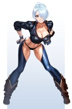 1girl abs ahoge angel_(kof) black_gloves blue_eyes blue_hair boots breasts brown_boots cleavage cropped_jacket fingerless_gloves full_body gloves hair_over_one_eye highres looking_at_viewer short_hair smile solo teeth the_king_of_fighters volyz
