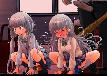 1boy 2girls absurdres age_difference anal anal_object_insertion artist_request bat_(object) blush breasts clothing_aside dildo erection flat_chest forced full_body heart heart-shaped_pupils hetero highres loli long_hair multiple_boys multiple_girls object_insertion panties panties_aside peeing penis penis_out peril pink_panties pussy_juice pussy_juice_drip riding scared school_uniform sex_toy small_breasts squatting standing symbol-shaped_pupils tagme trembling underwear very_long_hair