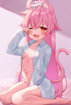 1girl ;d ahoge animal_ear_fluff animal_ears barefoot blouse blue_archive blush breasts cat_ears cat_girl cat_tail collarbone collared_shirt deaver dress_shirt fang hair_between_eyes halo highres hoshino_(blue_archive) legs long_hair long_sleeves looking_at_viewer naked_shirt no_bra one_eye_closed open_clothes open_mouth open_shirt panties pink_hair shirt small_breasts smile solo tail tears underwear very_long_hair white_shirt