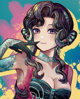 Rule 34 | 1girl, :3, anjo nala, astra (aaastraaaa), bare shoulders, black hair, blue background, breasts, choker, cleavage, curled horns, dress, drop shadow, finger to mouth, gloves, grey choker, grey gloves, grey horns, hand up, highres, horns, long hair, looking at viewer, low horns, medium breasts, parted bangs, pink dress, purple eyes, reverse:1999, sleeveless, sleeveless dress, solo, splatter background, upper body