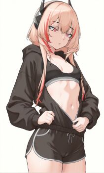 Rule 34 | 1girl, black hoodie, black shorts, blonde hair, breasts, breasts apart, cameltoe, commentary, cowboy shot, dolphin shorts, english commentary, gd146, girls' frontline, girls' frontline 2: exilium, headphones, highres, hood, hoodie, long sleeves, looking down, m4 sopmod ii (girls' frontline), multicolored hair, narrowed eyes, navel, paid reward available, parted lips, partially unzipped, red eyes, red hair, short hair with long locks, short shorts, shorts, simple background, small breasts, solo, sports bra, standing, stomach, streaked hair, thighs, toned, toned female, unzipping, white background