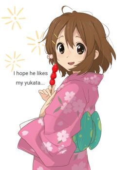Rule 34 | 1girl, andreypavlow, blush, brown eyes, brown hair, fireworks, hair ornament, hairclip, highres, hirasawa yui, japanese clothes, k-on!, kimono, lips, looking at viewer, looking back, new year, open mouth, pink kimono, short hair, smile, solo, tongue, white background