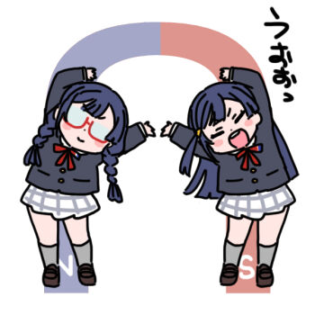 2girls arms_up black_jacket blue_hair blush_stickers braid brown_shoes closed_eyes commentary deformed double-parted_bangs dual_persona english_commentary facing_viewer glasses grey_socks hair_ornament jacket loafers long_hair looking_at_viewer love_live! love_live!_nijigasaki_high_school_idol_club low_twin_braids magnet miniskirt multiple_girls nakagawa_nana neck_ribbon nijigasaki_school_uniform one_side_up opaque_glasses pleated_skirt red-framed_eyewear red_ribbon ribbon school_uniform semi-rimless_eyewear shinanoya_(satanicad) shirt shoes simple_background skirt socks triangle_hair_ornament twin_braids under-rim_eyewear white_background white_shirt white_skirt winter_uniform yuki_setsuna yuki_setsuna_(love_live!)