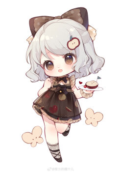 Rule 34 | 1girl, absurdres, ankle socks, apple, apple hair ornament, apple print, bare shoulders, black bow, black bowtie, black dress, black shoes, bow, bowtie, breasts, brown eyes, bug, butterfly, chibi, chinese commentary, cleavage, clenched hand, collared dress, commentary request, dot nose, dress, eyelashes, flag, food, food-themed hair ornament, food print, frilled dress, frills, fruit, fruit print, fruity wish (infinity nikki), grey bow, grey hair, grey scrunchie, grey socks, hair bow, hair ornament, hairclip, happy, head tilt, heart, high collar, highres, holding, holding plate, infinity nikki, insect, lace-trimmed socks, leg up, light blush, light particles, looking at viewer, medium hair, nikki (series), nuli de chengzhi er, open mouth, plate, pleated dress, polka dot, polka dot bow, polka dot scrunchie, polka dot socks, scrunchie, shoes, short dress, simple background, single bare arm, sleeveless, sleeveless dress, smile, socks, solo, sparkle, standing, striped clothes, striped dress, tareme, two-tone bow, vertical-striped clothes, vertical-striped dress, waist bow, watermark, wavy hair, weibo watermark, white background, wrist scrunchie, yellow bow