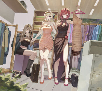 3girls :3 absurdres alternate_costume ankle_strap arm_around_waist bag belly black_bag black_dress black_ribbon black_shoes black_shorts blue_pupils blush breasts brown_bag brown_hairband cellphone cleavage clothes_hanger clothes_rack clothes_shop commentary commission crop_top dress earrings english_commentary eyewear_on_head firefly_(honkai:_star_rail) grey_hair hair_between_eyes hair_intakes hair_ornament hair_ribbon hairband handbag highres holding holding_phone holding_unworn_clothes holding_unworn_dress honkai:_star_rail honkai_(series) hoop_earrings jewelry kafka_(honkai:_star_rail) kneehighs large_breasts multicolored_eyes multiple_girls nannachu7 off-shoulder_dress off_shoulder open_mouth orange_dress phone purple_eyes purple_hair ribbon shoes shopping shopping_bag shorts single_earring sitting sleeveless sleeveless_dress smartphone smile socks standing stelle_(honkai:_star_rail) sunglasses tile_floor tiles trailblazer_(honkai:_star_rail) turtleneck turtleneck_dress two-tone_eyes unworn_dress yellow_eyes