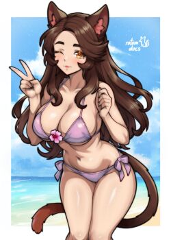 1girl absurdres animal_ear_fluff animal_ears artist_name bikini blue_sky breasts brown_hair cat_ears cat_girl cat_tail cleavage cloud commentary commission cowboy_shot curtained_hair english_commentary flower hands_up highres ko-fi_commission large_breasts leaning_forward light_blush light_smile lipstick long_hair long_sidelocks looking_at_viewer makeup navel one_eye_closed orange_eyes original pink_flower purple_bikini rotomdocs side-tie_bikini_bottom sideboob sidelocks signature sky solo stomach string_bikini swimsuit tail thick_eyebrows underboob v