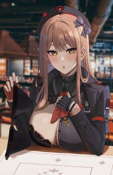 Rule 34 | 1girl, :o, absurdres, armor, beret, black bra, black hat, black shirt, blush, boobplate, bra, breastplate, breasts, brown eyes, brown hair, cleavage, commentary request, emma (nikke), flashing, gaitoou, goddess of victory: nikke, hat, highres, holding, indoors, large breasts, long hair, long sleeves, looking at viewer, neckerchief, oppai challenge, parted lips, presenting breasts, red neckerchief, restaurant, shadow, shirt, sidelocks, sitting, solo, table, underwear, upper body