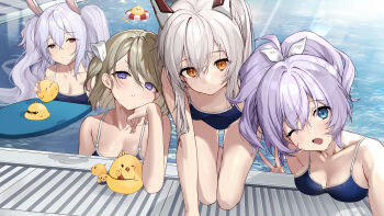 4girls animal animal_ears artist_request ayanami_(azur_lane) azur_lane bare_shoulders bent_over bikini bird blonde_hair blue_eyes bow breasts brown_eyes character_name cleavage closed_mouth collarbone fake_animal_ears hair_bow hair_ornament head_on_hand highres innertube javelin_(azur_lane) kneeling laffey_(azur_lane) long_hair looking_at_viewer manjuu_(azur_lane) mechanical_ears medium_breasts medium_hair multiple_girls official_art one_eye_closed open_mouth orange_eyes page_number partially_submerged pool poolside purple_eyes purple_hair rabbit_ears red_bikini red_eyes school_swimsuit sidelocks small_breasts smile swim_ring swimsuit third-party_source twintails v water white_bow white_hair z23_(azur_lane)