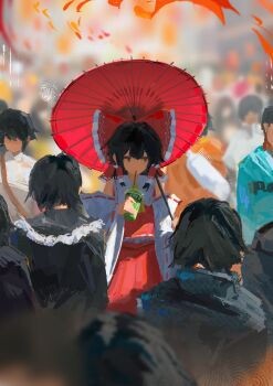 Rule 34 | 1girl, absurdres, ascot, bow, brown hair, commentary, cup, detached sleeves, disposable cup, drinking, drinking straw, drinking straw in mouth, frilled bow, frilled hair tubes, frills, hair bow, hair tubes, hakurei reimu, highres, holding, holding cup, holding umbrella, koukouya, long hair, oil-paper umbrella, outdoors, people, red bow, red skirt, red umbrella, ribbon-trimmed sleeves, ribbon trim, skirt, skirt set, solo focus, touhou, umbrella, yellow ascot