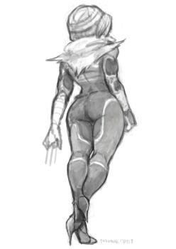 1girl adapted_costume arm_wrap ass bodysuit from_behind full_body goma_tonbi greyscale high_heels monochrome needle nintendo sheik solo super_smash_bros. the_legend_of_zelda the_legend_of_zelda:_ocarina_of_time thick_thighs thighs white_background wide_hips