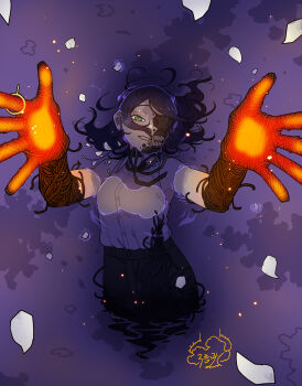 1girl absurdres black_gloves black_hair black_ribbon black_shorts bomb_devil_(chainsaw_man) chainsaw_man elbow_gloves gloves green_eyes grey_shirt highres neck_ribbon outstretched_arms reze_(chainsaw_man) ribbon shirt shorts sleeveless sleeveless_shirt solo user_pafa3725