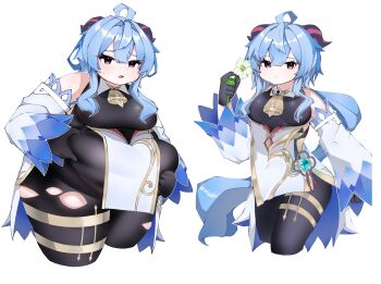 Rule 34 | 2girls, ahoge, alternate body size, aqua gem, arm at side, bare shoulders, bell, black bodystocking, black gloves, black horns, blue hair, blue trim, blush, bodystocking, breasts, center-flap bangs, chile paper, collared bodysuit, commentary request, covered navel, cropped legs, detached sleeves, double-parted bangs, dress, dual persona, fat, fat woman, flower, ganyu (genshin impact), gem, genshin impact, gloves, gold trim, green flower, hair between eyes, hair intakes, hand up, hands on own stomach, highres, holding, holding flower, horns, leaf, long hair, long sleeves, looking at viewer, low ponytail, medium breasts, multicolored horns, multiple girls, neck bell, obese, open mouth, pelvic curtain, pink eyes, ponytail, raised inner eyebrows, red horns, short dress, simple background, sleeveless, small breasts, standing, striped horns, sweat, thigh strap, torn bodystocking, torn clothes, two-tone horns, very long hair, weight gain, white background, white dress, wide sleeves