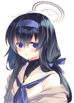 1girl arikawa_satoru black_hair blue_archive cardigan commentary_request halo highres long_hair looking_at_viewer purple_eyes school_uniform serafuku simple_background solo triangle_mouth ui_(blue_archive) upper_body white_background