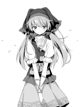 1girl absurdres apron blush closed_mouth commentary greyscale haniyasushin_keiki headscarf highres jewelry long_hair looking_at_viewer magatama magatama_necklace monochrome necklace shirt single_strap skirt smile solo tools touhou tsuukinkaisoku_oomiya very_long_hair