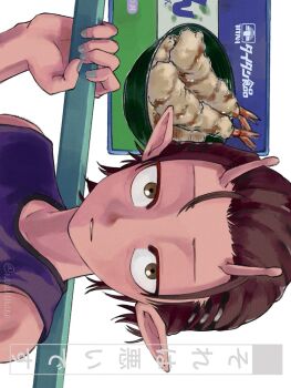 colored_skin commentary_request fingernails food hair_slicked_back highres holding iwao_kanata male_focus milky_galactic_universe milky_subway parted_lips pointy_ears poster_(object) purple_shirt red_skin shirt shrimp shrimp_tempura simple_background sleeveless solo tempura ului upper_body watermark white_background