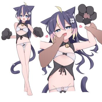 Rule 34 | 1boy, 1girl, ahoge, animal ear fluff, animal ears, animal hands, barefoot, bell, black shirt, blue eyes, blush, bra, bright pupils, cat ears, cat girl, cat tail, center opening, dark-skinned male, dark skin, fang, finger in another's mouth, flat chest, gloves, groin, heart, highres, holding another's wrist, indie virtual youtuber, long hair, lyrinne, multicolored hair, multiple views, neck bell, o-ring, o-ring bottom, o-ring panties, open mouth, panties, pantyhose, paw gloves, purple hair, sakoneko, shirt, simple background, sleeveless, sleeveless shirt, smile, solo focus, strapless, strapless bra, streaked hair, tail, underwear, virtual youtuber, white background, white bra, white pantyhose, white pupils