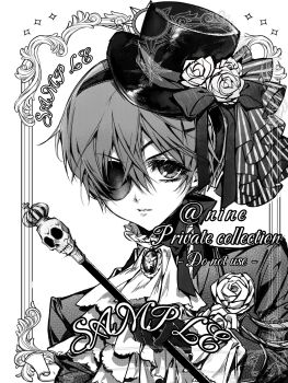Rule 34 | 1boy, ascot, black gloves, black hat, cane, ciel phantomhive, commentary request, eyepatch, flower, gloves, greyscale, hair between eyes, hat, hat flower, highres, holding, holding cane, jacket, kuroshitsuji, male focus, maomaomao1210, monochrome, parted lips, sample watermark, short hair, skull ornament, solo, suit jacket, top hat, watermark, white ascot, white background