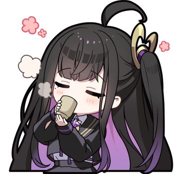 1girl ahoge black_hair black_sailor_collar black_serafuku black_shirt black_skirt chitose_(stella_sora) closed_eyes collared_shirt colored_inner_hair commentary cup drinking english_commentary holding holding_cup long_hair mole mole_under_eye multicolored_hair official_art one_side_up pleated_skirt purple_hair sailor_collar school_uniform serafuku shirt simple_background sitting skirt solo stella_sora transparent_background very_long_hair white_shirt yunomi