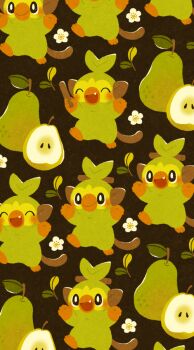 animal_focus arms_up black_eyes blush bright_pupils brown_background fang flower food fruit gen_8_pokemon grookey holding holding_stick monkey nintendo no_humans open_mouth pear pear_slice pokemon pokemon_(creature) satsumapotato stick white_flower white_pupils
