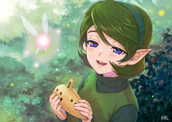 1girl blue_eyes bush commentary_request fairy green_hair green_hairband hairband hal_(sakurajam) highres instrument navi nintendo ocarina open_mouth pointy_ears portrait saria_(zelda) short_hair signature smile solo the_legend_of_zelda the_legend_of_zelda:_ocarina_of_time turtleneck