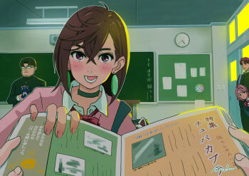 21bamboo_(ringonomorikit1) 2boys 2girls :d absurdres analog_clock artist_name ayase_momo backpack bag black_bag black_choker black_jacket blazer blue_jacket blush bob_cut book bow bowtie brown_hair bulletin_board ceiling ceiling_light chalkboard check_translation choker classroom clock collared_shirt commentary crossed_bangs cursive dandadan dated dress_shirt earrings enjoji_jin eyelashes figure fluorescent_lamp gakuran glasses hair_between_eyes hand_on_book highres holding_figure indoors jacket jewelry lectern long_sleeves looking_at_viewer lower_teeth_only medium_hair messy_hair multiple_boys multiple_girls opaque_glasses open_book open_door open_mouth outline over-rim_eyewear paper parted_bangs parted_lips partially_translated peeking peeking_out pendant_earring pink_hair pink_sweater pov pov_hands public_address_system rectangular_eyewear red_bow red_bowtie red_eyes sakata_kinta school_uniform semi-rimless_eyewear shiratori_aira_(dandadan) shirt short_hair sidelighting signature sliding_doors smile solo_focus sweater teeth thick_eyebrows translation_request turbo_granny_(dandadan) white_outline white_shirt yellow_background