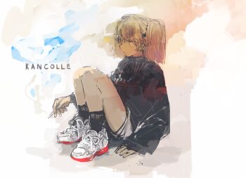 1girl black_socks black_sweater brown_eyes brown_hair cigarette closed_mouth copyright_name custom_(cus-tom) holding holding_cigarette kantai_collection long_sleeves ryuujou_(kancolle) shoes short_shorts shorts simple_background sitting smoke smoking sneakers socks solo sweater twintails white_shoes white_shorts
