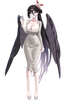 1girl absurdres black_hair black_wings blue_archive breasts cellphone cleavage commentary dongtan_dress dress feathered_wings grey_dress grey_shoes hair_between_eyes halo hasumi_(blue_archive) highres holding holding_phone kirat_kr large_breasts long_hair low_neckline phone red_eyes red_halo shoes side_ponytail smartphone solo very_long_hair wings