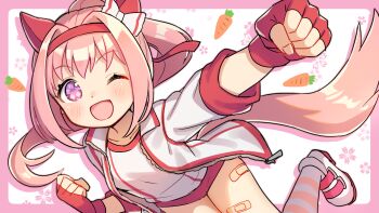 1girl ;d animal_ears bandaid bandaid_on_leg blush border bow buruma carrot clenched_hands commentary_request cowboy_shot dot_nose drop_shadow ear_bow ear_covers fingerless_gloves flower-shaped_pupils gloves hairband haru_urara_(umamusume) horse_ears horse_girl horse_tail jacket long_hair long_sleeves looking_at_viewer one_eye_closed open_clothes open_jacket open_mouth outside_border outstretched_arm pink_border pink_eyes pink_hair ponytail red_buruma red_gloves red_hairband shirt shoes shuu_(syuuuuuuuuuu) simple_background smile socks solo striped_clothes striped_socks symbol-shaped_pupils tail umamusume white_background white_bow white_shirt white_shoes white_socks