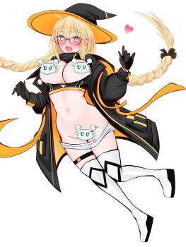 Rule 34 | 1girl, absurdres, aesc (exhibition attire) (fate), aesc (fate), aesc (rain witch) (fate), ahoge, belt, bikini, black bikini, black coat, black gloves, black hat, blonde hair, boots, braid, breasts, breasts out, censored, cleavage, clothes pull, coat, commentary request, con (fate), fate/grand order, fate (series), full body, glasses, gloves, green eyes, hat, heart, highres, large breasts, long hair, long sleeves, looking at viewer, mcpc zamurai, navel, novelty censor, open clothes, open mouth, red-framed eyewear, short shorts, shorts, solo, swimsuit, thigh boots, twin braids, white shorts, witch hat