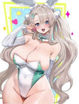 1girl absurdres animal_ears bad_source bare_shoulders blue_eyes blush breasts brown_dust_(series) brown_dust_2 cleavage collarbone covered_navel detached_collar detached_sleeves hair_ornament heart highleg highleg_leotard highres leotard long_hair looking_at_viewer official_art open_mouth playboy_bunny rabbit_ears skindentation smile solo sparkle star_(symbol) strapless strapless_leotard twintails tyr_(brown_dust) white_leotard