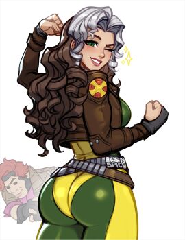 1boy 1girl ass blush blushyspicy bodysuit brown_hair clenched_hand commentary cowboy_shot curly_hair english_commentary gambit green_bodysuit green_eyes grey_hair long_hair marvel marvel_rivals multicolored_bodysuit multicolored_hair one_eye_closed parted_lips rogue_(x-men) simple_background smile solo_focus superhero_costume two-tone_bodysuit two-tone_hair white_background x-men yellow_bodysuit