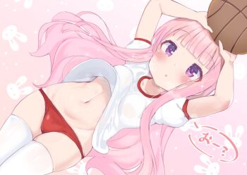 1girl arms_up ball basketball basketball_(object) blush buruma clothes_lift groin gym_uniform hakamada_hinata long_hair navel p_answer pink_eyes pink_hair red_buruma rou-kyuu-bu! shirt shirt_lift short_sleeves solo thighhighs thighs very_long_hair white_shirt white_thighhighs wind wind_lift