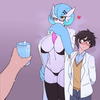 1boy 1girl after_fellatio aftersex alternate_color black_bra black_panties black_thighhighs blue_hair blush border bra breasts cameltoe choker cleavage cum cum_in_container cum_in_cup dr._voir_(nanosheep) gardevoir gen_3_pokemon glass glasses hetero highres holding_glass lab_coat large_breasts mega_stone mole mole_under_eye nanosheep_(character) nintendo panties pokemon pokephilia red-framed_eyewear scuttlefish semi-rimless_eyewear shiny_pokemon short_hair thighhighs unbuttoned_pants underwear wiping_mouth yellow_eyes