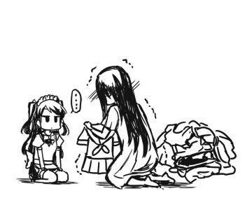 ... 1boy 1girl alternate_costume apron barefoot black_hair blush clothes crossdressing enmaided full_body greyscale jitome kneeling long_hair maid maid_headdress monochrome mother_and_son peach88 puffy_short_sleeves puffy_sleeves ribbon saeki_kayako saeki_toshio_(ju-on) school_uniform seiza serafuku short_sleeves sitting skirt spoken_ellipsis the_grudge thighhighs trap trembling twintails two_side_up white_background