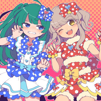 2girls ;3 ;d absurdres annoyed blue_bow blue_eyes blue_shirt blunt_bangs blunt_ends bow breasts brown_hair center_frills claw_pose clenched_teeth commentary_request cowboy_shot fingerless_gloves frills fur-trimmed_shirt fur-trimmed_shorts fur_trim gloves green_hair grey_hair hair_bow hands_up highres kishimen_hair long_hair looking_at_viewer mole mole_under_mouth multiple_girls nojima_minami one_eye_closed open_mouth pleated_skirt polka_dot polka_dot_bow polka_dot_shorts pretty_series pripara red_bow red_gloves red_shirt red_shorts shirt short_hair shorts skirt small_breasts smile standing sweatdrop taiyo_pepper teeth tsukikawa_chili two_side_up white_skirt yellow_bow yellow_eyes