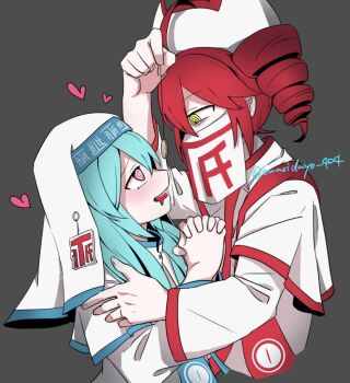 2girls @_@ ahoge aqua_hair arm_up bags_under_eyes blush capelet coin coin_on_string commentary cropped_torso dress drill_hair drooling eye_contact hand_on_own_hip hat hato_no_mune_wo_momitai hatsune_miku heart hypnosis kasane_teto long_hair long_sleeves looking_at_another mind_control mouth_drool mouth_veil multiple_girls open_mouth own_hands_clasped own_hands_together pink_eyes red_hair ringed_eyes short_hair simple_background smile synthesizer_v t-shi_no_hanashi_wo_shinjiru_na_(vocaloid) twin_drills twitter_username utau veil vocaloid white_dress yellow_eyes yuri