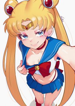 1girl absurdres bishoujo_senshi_sailor_moon blonde_hair blue_eyes blue_skirt breasts clothes_pull collarbone double_bun fukou hair_bun high-waist_panties highres magical_girl miniskirt naughty_face navel nipples panties pleated_skirt pulling_own_clothes red_panties sailor sailor_moon selfie shirt_pull simple_background skirt small_breasts smile solo twintails underwear undressing white_background