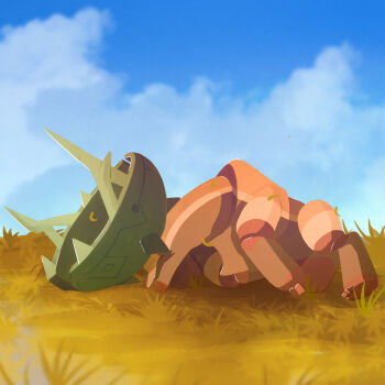 1258265894 absurdres blue_sky bowl cloud commentary_request crack cracked_bowl grass highres horns moose nintendo no_humans pokemon pokemon_(creature) pokemon_focus pokemon_sv sky sleeping ting-lu