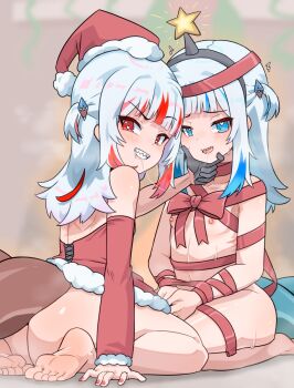 2girls after_kiss barefoot bdsm blue_eyes blue_hair blue_nails bondage bound christmas commentary commission dark_persona detached_sleeves english_commentary feet femdom fins fish_tail flat_chest fur-trimmed_headwear fur-trimmed_sleeves fur_trim gawr_gura grey_hair hair_ornament hat highres hololive hololive_english loli long_hair looking_at_viewer moral_cacoethes multicolored_hair multiple_girls nail_polish naked_ribbon nipples open_mouth paid_reward_available red_eyes red_hair red_nails red_sleeves reflect_(gawr_gura) ribbon saliva saliva_trail santa_costume santa_hat seiza selfcest shark_girl shark_hair_ornament shark_tail sharp_teeth sitting soles streaked_hair tail teeth toes two_side_up virtual_youtuber wariza yuri