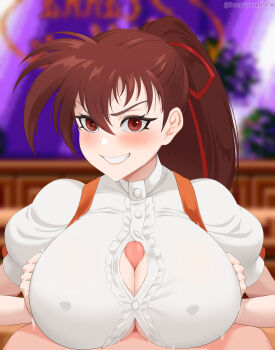 1boy 1girl absurdres blouse breasts brown_eyes brown_hair button_gap buttons commission commissioner_upload covered_erect_nipples deepspace hair_ribbon highres indoors large_breasts looking_at_viewer paizuri paizuri_under_clothes penis pov red_ribbon restaurant ribbon shirt short_sleeves smile takeuchi_yuka variable_geo waitress waitress_uniform white_shirt