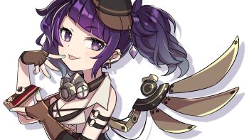 1girl black_hat blunt_bangs blush breasts brown_gloves cake cake_slice cleavage closed_mouth commentary_request diagonal_bangs drop_shadow ear_piercing fingerless_gloves food gloves green_nails hands_up hat holding holding_food idolmaster idolmaster_shiny_colors large_breasts looking_at_viewer mechanical_wings nail_polish piercing ponytail purple_eyes purple_hair short_hair shuu_(syuuuuuuuuuu) simple_background single_wing smile solo tanaka_mamimi tongue tongue_out upper_body white_background wings